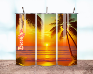 All sides of the tropical beach sunset tumbler with palm trees and glowing colors